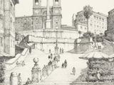drawing of a drawing of a large building with a clock tower on the top of it
