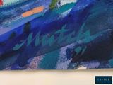 abstract painting of blue and orange waves on a white background