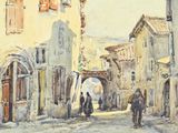 a painting of a street scene with people walking down it