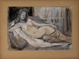 dessin représentant une femme nue allongée sur un lit dans une chambre
