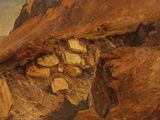 un tableau représentant un homme debout sur une colline rocheuse
