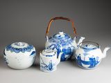three pieces of blue and white porcelain teapots and a tea pot