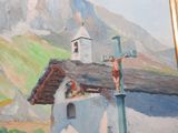 a painting of a man on a cross in front of a church