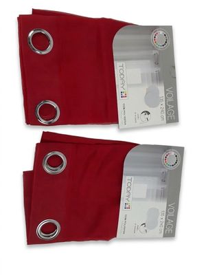 two pairs of red napkins with silver rings on them