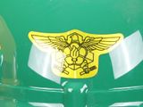a close up of a helmet with a logo on it