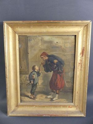 an old painting of a man giving a boy something to his hand