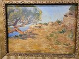 a picture of a painting of a tree by the water