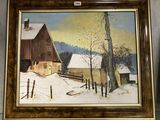 une photo d'un tableau représentant une ferme sous la neige
