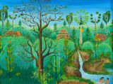 tableau représentant un homme nageant dans une rivière entourée d'arbres