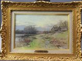 l'image d'un tableau représentant un paysage avec une maison au loin