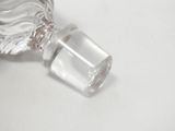 a clear glass bottle with a silver handle on a white surface