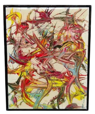an abstract painting with multiple colors of paint on a white background
