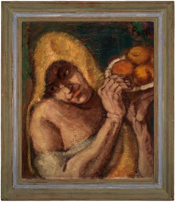 une image représentant un tableau où l'on voit une femme tenant un bol de fruits