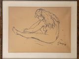 drawing of a nude woman sitting on a bed with her legs crossed