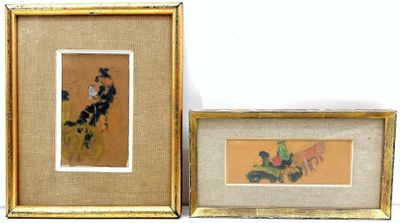two framed pictures of a man and a woman on a horse