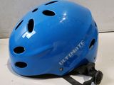 a blue helmet that is sitting on a table