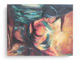 peinture abstraite représentant une femme coiffée d'un chapeau et vêtue d'une robe, assise sur une chaise