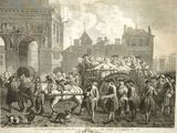 an old picture of a group of people standing around a horse drawn carriage