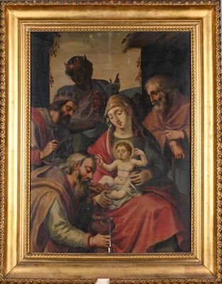 une peinture à l'huile représentant un homme tenant un bébé dans ses bras devant un groupe de personnes