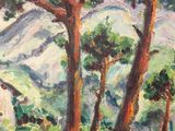 an oil painting of a house in the woods with trees