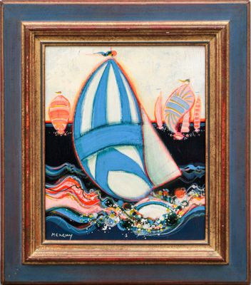 an oil painting of a sailboat on the water with a sunset in the background