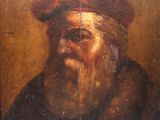 un vieux tableau représentant un homme avec un chapeau rouge et une barbe