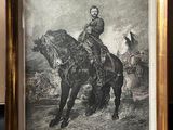 une vieille photo représentant un homme à cheval, à côté d'un tableau