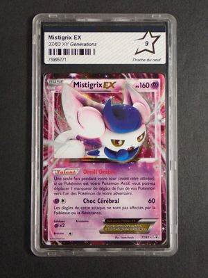 a close up of a card in a plastic holder on a table