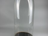 a clear glass dome with a wooden base on a white background