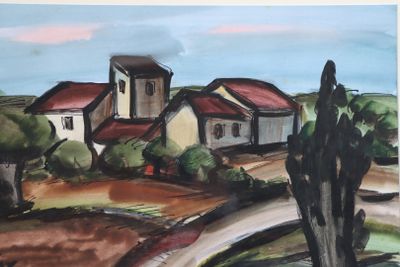 painting of a village with a church and a tree in the foreground