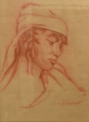drawing of a woman with a hat on her head in a frame