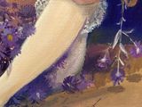 a painting of a woman in a white dress holding a flower