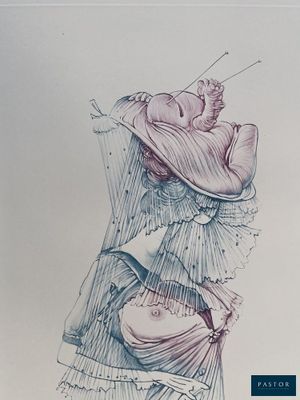 a drawing of a woman sitting on top of a chair