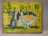 painting of a bowl of oranges on a table with a bottle of wine in the background