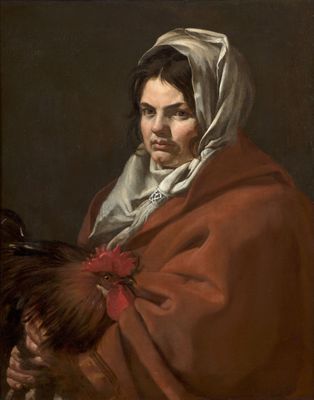 portrait d'une femme tenant un coq, par [auteur]