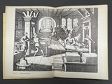 an open book with a drawing of people in a room