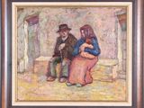 a painting of two people sitting on a bench with a dog