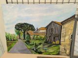 a picture of a painting of a farm and a barn