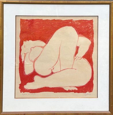 une image représentant un tableau d'une femme nue sur fond rouge