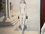 a painting of a woman sitting on a chair in front of a door