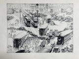 drawing of a train station with a lot of people on the tracks