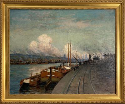 une peinture représentant une scène portuaire avec des bateaux sur l'eau
