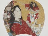painting of a woman in a red kimono holding a fan