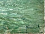 a painting of a boat in the water on the water