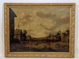 une peinture à l'huile représentant une scène de village avec une calèche au premier plan