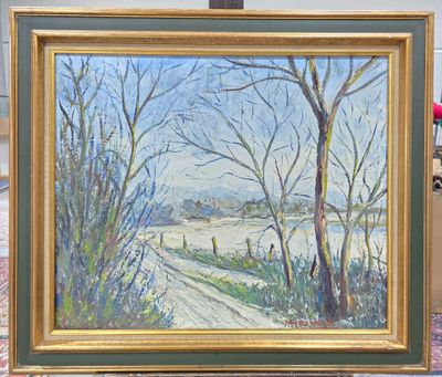 École du XXème siècle. "Lac au bord d'un sentier, au fond le…