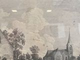 a drawing of a group of people standing in front of a church
