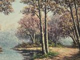 a painting of a river in the middle of a wooded area
