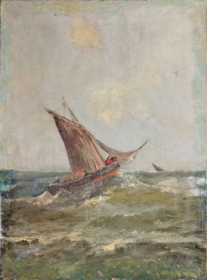 une image représentant un tableau d'un voilier sur une mer agitée