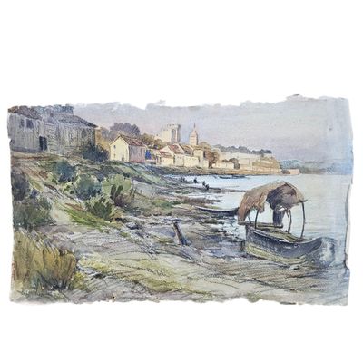 une aquarelle représentant un bateau sur le rivage